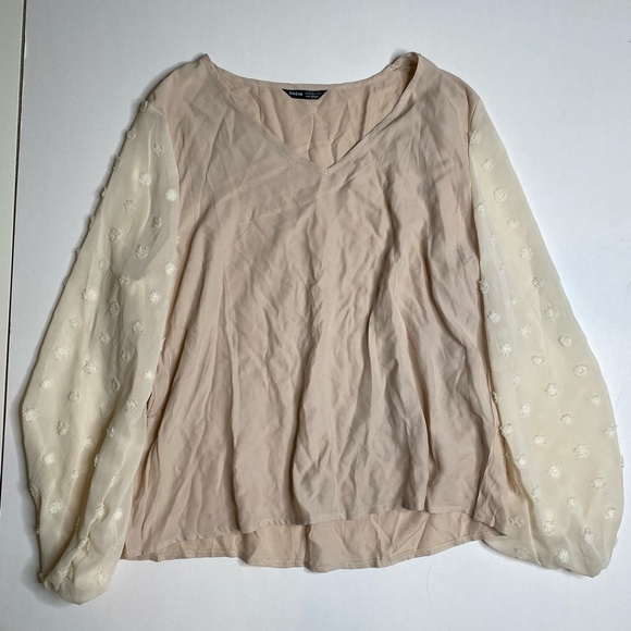Cream tan sheer blouse white polkadot sleeves size XL womens NEW - Picture 8 of 8